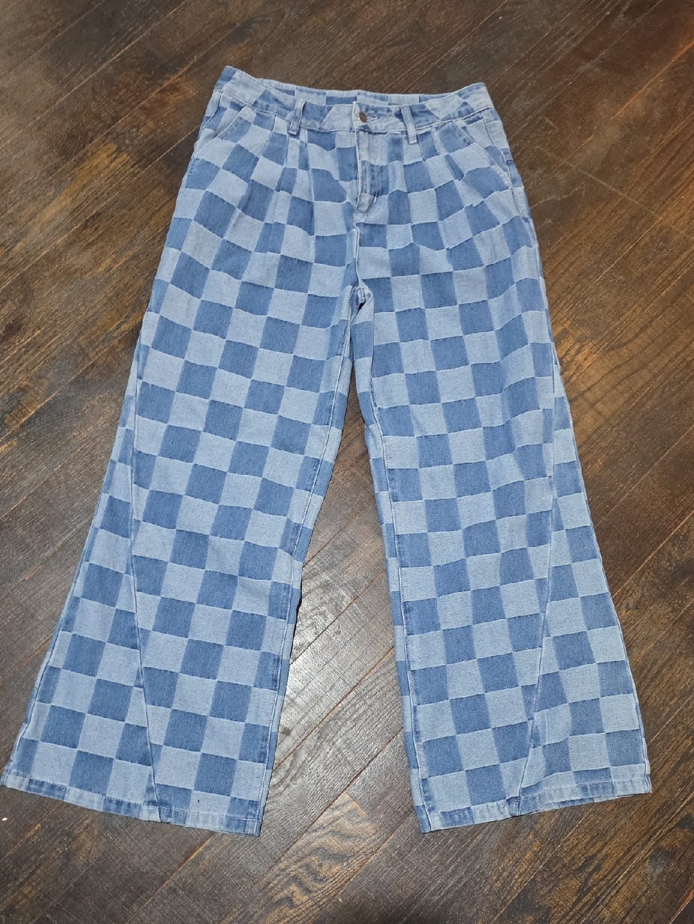 Checkerboard Wide Leg Jeans in Light and Medium Blue